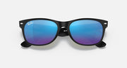 Ray-Ban New Wayfarer RB2132 sunglasses with black frame and blue-to-purple mirrored lenses