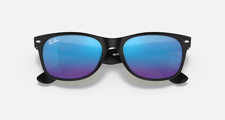 Ray-Ban New Wayfarer RB2132 sunglasses with black frame and blue-to-purple mirrored lenses