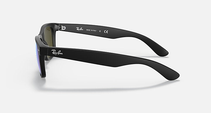 Ray-Ban New Wayfarer RB2132 sunglasses, black frame with blue-tinted lenses, side view