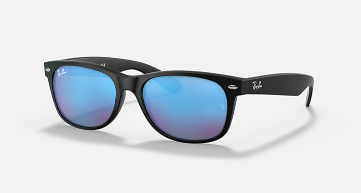 Ray-Ban New Wayfarer RB2132 sunglasses with black frame and blue mirrored lenses