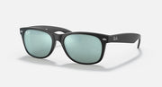 Wayfarer RB2132 sunglasses with black frames and green mirrored lenses