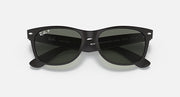 Ray-Ban New Wayfarer sunglasses with black frame and dark green lenses, front view
