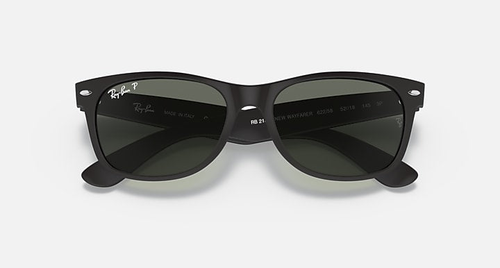 Ray-Ban New Wayfarer sunglasses with black frame and dark green lenses, front view