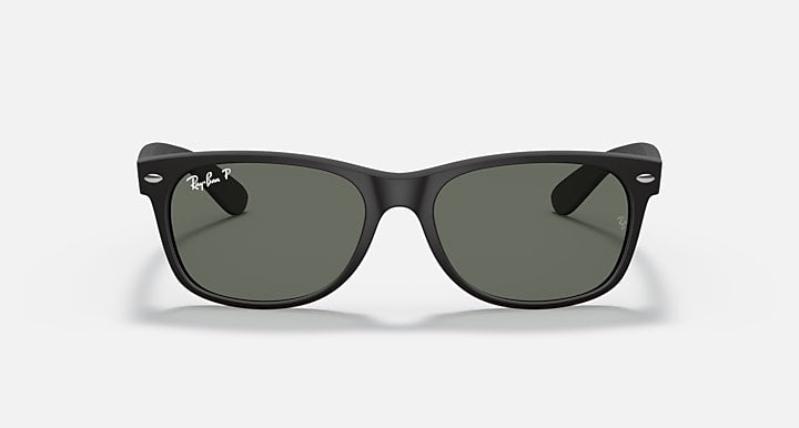 Ray-Ban New Wayfarer sunglasses with dark frame and muted green lenses, front view
