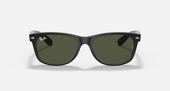 Black Wayfarer sunglasses with olive-green lenses, full-rim acetate frame