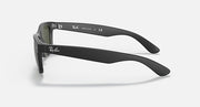 Black Wayfarer sunglasses side view, slim temples with logo and branding