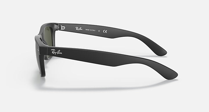 Black Wayfarer sunglasses side view, slim temples with logo and branding