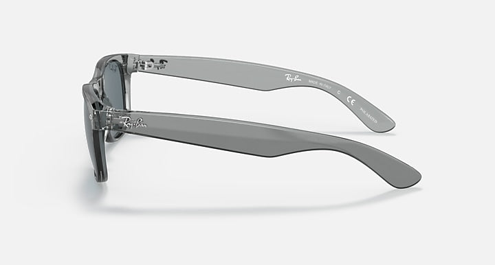 Ray-Ban New Wayfarer sunglasses with silver-gray frame, angled side view