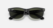 Ray-Ban New Wayfarer RB2132 sunglasses, dark frame with dark green lenses and logo details.