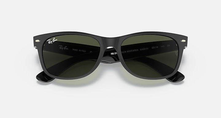 Ray-Ban New Wayfarer RB2132 sunglasses, dark frame with dark green lenses and logo details.
