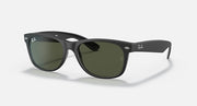 Ray-Ban New Wayfarer RB2132 sunglasses, black frame and dark green lenses.