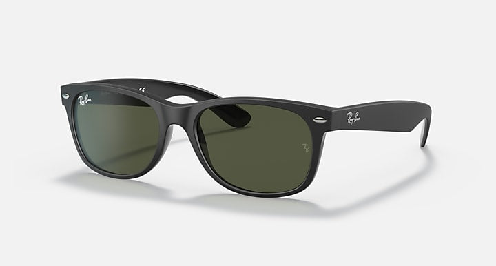 Ray-Ban New Wayfarer RB2132 sunglasses, black frame and dark green lenses.