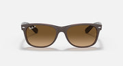 Ray-Ban New Wayfarer RB2132 dark frame sunglasses with warm brown lenses, angled view