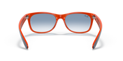 Orange wayfarer-style sunglasses with blue gradient lenses and full rim frame