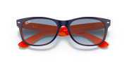 Orange wayfarer sunglasses with blue-and-brown gradient lenses, front view