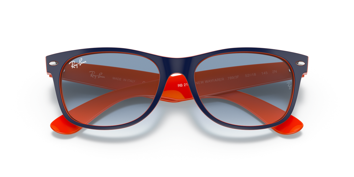 Orange wayfarer sunglasses with blue-and-brown gradient lenses, front view