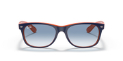 Orange wayfarer-style sunglasses with light blue gradient lenses, front view