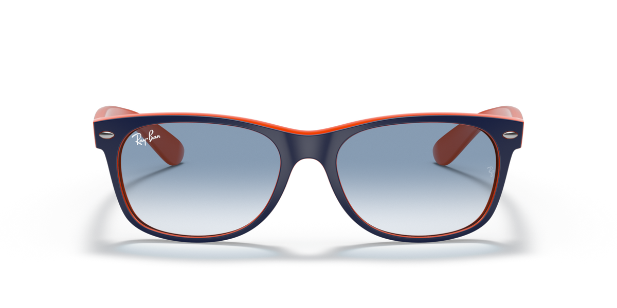 Orange wayfarer-style sunglasses with light blue gradient lenses, front view