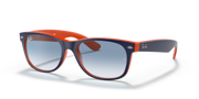 Orange wayfarer-style sunglasses with silver-toned lenses and dark blue tint