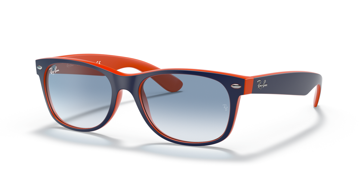 Orange wayfarer-style sunglasses with silver-toned lenses and dark blue tint