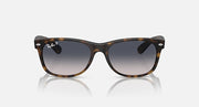Ray-Ban RB2132 Wayfarer sunglasses, tortoise frame, dark lenses, front side view