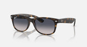 Ray-Ban RB2132 Wayfarer sunglasses, tortoise frame, dark lenses, angled front view