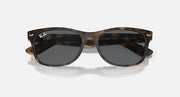 Ray-Ban RB2132 Wayfarer sunglasses, tortoise frame, dark lenses, front close view