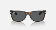 Ray-Ban RB2132 Wayfarer sunglasses, tortoise frame, dark lenses, side-on front view