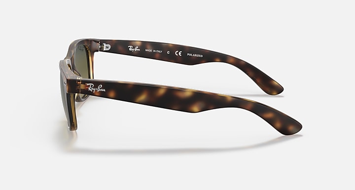 Ray-Ban sunglasses side view with tortoise frame, dark temple arms, metal hinge detail