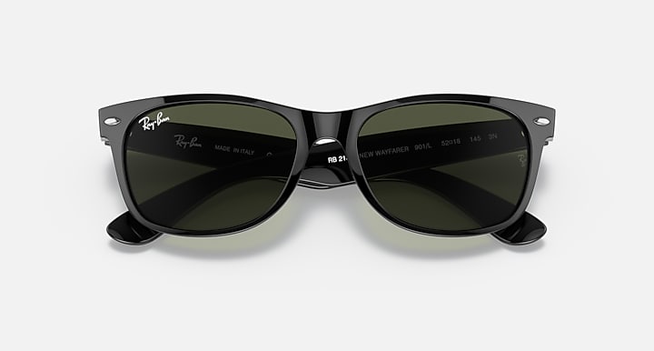 Ray-Ban Wayfarer sunglasses top view with dark frames and green lens tint