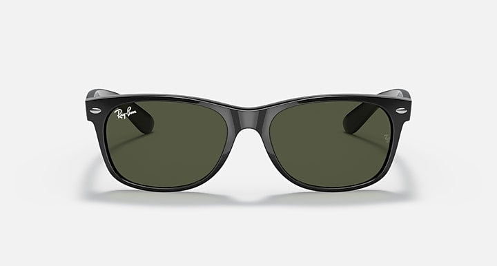 Ray-Ban Wayfarer sunglasses, dark frames with rounded dark green lens fronts
