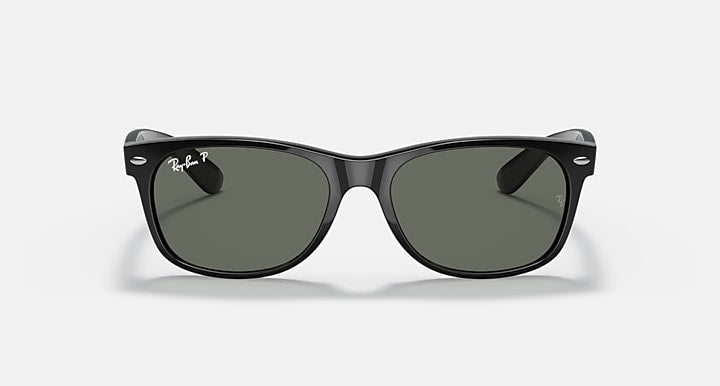 Ray-Ban New Wayfarer sunglasses front view with black frame and dark green lenses