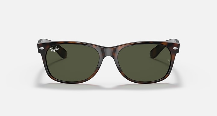 New Wayfarer sunglasses with tortoise frame and dark green lenses, front view