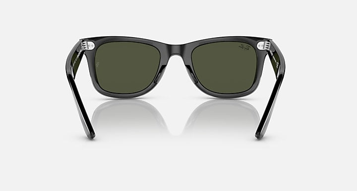 Ray-Ban Wayfarer sunglasses, black frame with dark green lenses, front view