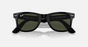 Ray-Ban Wayfarer sunglasses, black frame with dark green lenses, front close