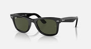 Ray-Ban Wayfarer sunglasses with black frames and green-tinted lenses, angled front
