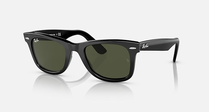 Ray-Ban Wayfarer sunglasses with black frames and green-tinted lenses, angled front