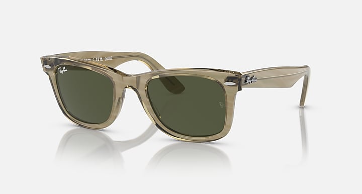 Ray-Ban Wayfarer sunglasses, angled olive frames with dark green lenses