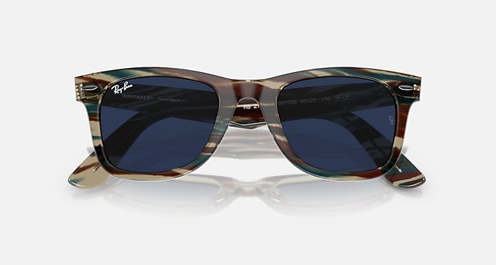 Ray-Ban Wayfarer sunglasses, tortoise frames with dark blue lenses, front view
