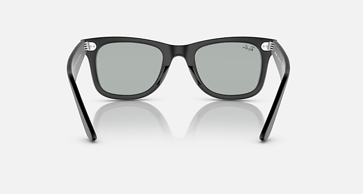 Ray-Ban Wayfarer sunglasses, black frame with light gray lenses, front view