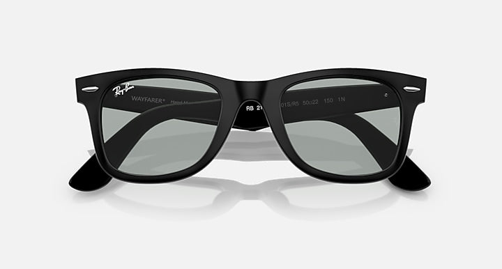 Ray-Ban Wayfarer sunglasses, black frame with gray lenses, front view