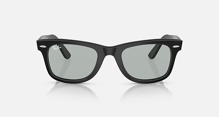 Ray-Ban Wayfarer sunglasses, black frame with light gray lenses, front view