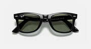 Ray-Ban Wayfarer sunglasses with black frames and green-tinted lenses, close front