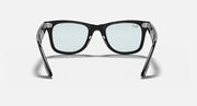 Ray-Ban Wayfarer sunglasses with black frame and light blue lenses, straight-on view.