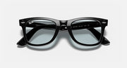 Ray-Ban Wayfarer sunglasses with black frame and tinted light lenses, front close view.