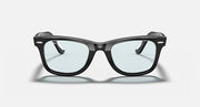 Ray-Ban Wayfarer sunglasses with matte-looking black frame and light blue lenses.