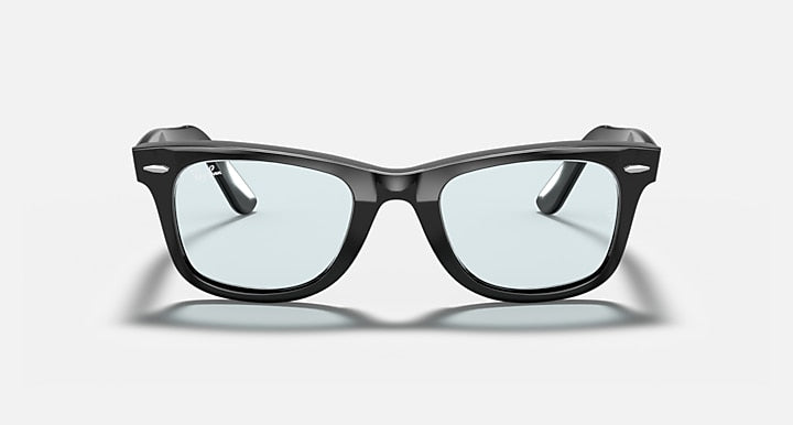 Ray-Ban Wayfarer sunglasses with matte-looking black frame and light blue lenses.