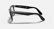 Ray-Ban Wayfarer sunglasses side profile, black frame with light blue lenses.