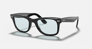 Ray-Ban Wayfarer sunglasses in black with light blue lenses, angled three-quarter view.