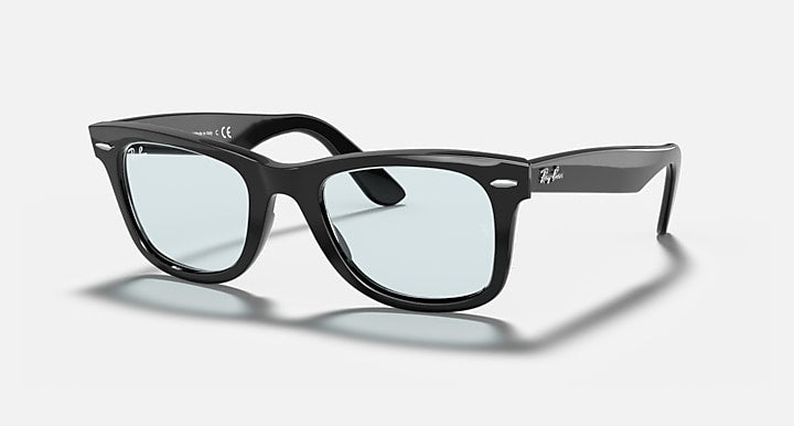 Ray-Ban Wayfarer sunglasses in black with light blue lenses, angled three-quarter view.